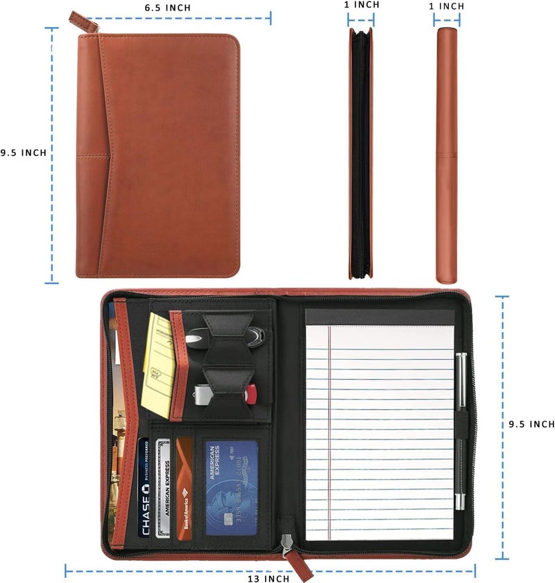 Gorbado Small Portfolio Organizer, A5 Zippered Business Portfolio, Junior Padfolio Folder Binder for Women & Men,5 x 8 Writing Pad Included, Brown - Image 4